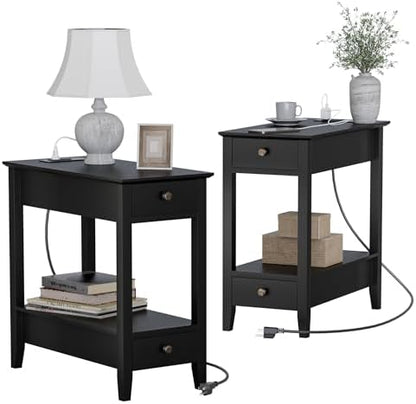 End Tables Living Room Set of 2 with Charging Station and 2 Drawers