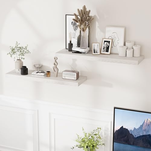36 Inch Long Floating Shelves for Wall, 9.3 Inch Deep Floating Shelf with Heavy-Duty Bracket, 2 Pack Long Shelves for Bathroom, Living Room, Bedroom, Wall Mounted Storage Shelf for Books Decor, Brich