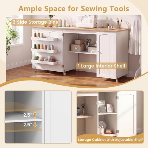 GIANTEX 62.5" Large Folding Sewing Table with Storage Cabinet & Shelves