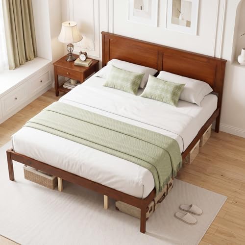 GIANTEX Wood Queen Size Bed Frame with Headboard, Mid-Century Modern Platform Bed w/Wooden Slat Support, Solid Mattress Foundation, Under-Bed Storage Space, No Box Spring Needed, Walnut