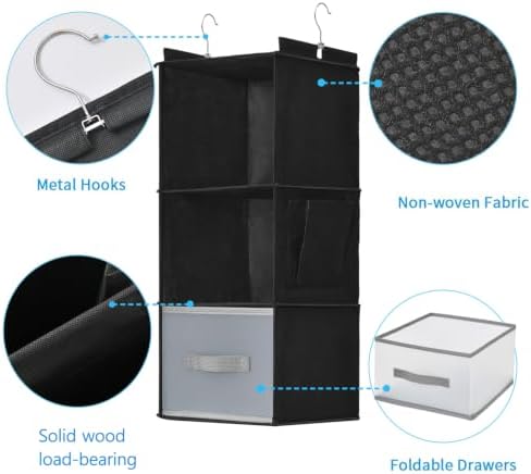 Hanging Closet Organizer with1 Drawer, 3-Shelf, Black