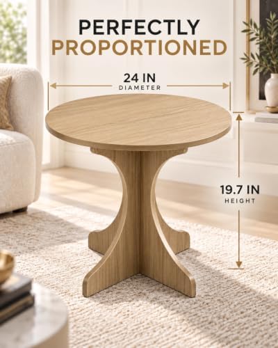 24In Walnut Round Side Table, Modern Minimalist Accent End Table with Curved Tripod Base, Compact Large Round Sofa Side Table, Easy Assembly Coffee Table for Living Room Bedroom Balcony