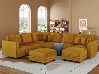 LLappuil Modular Storage Sectional Sofa with Ottoman, U Shaped 8-Seat Corduroy Couch with 7 Throw Pillows, Convertible Sofa Set for Living Room, Skin-Friendly & Soft, Scratch Resistant, Yellow