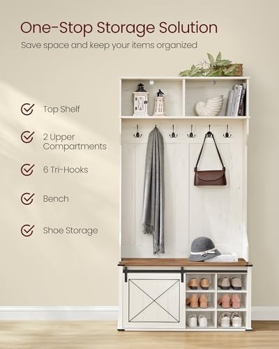 VASAGLE Hall Tree with Bench and Shoe Storage, 6 Tri-Hooks, Sliding Door