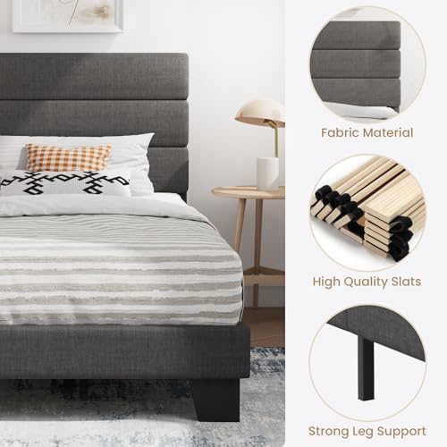 SHA CERLIN Twin Platform Bed Frame with Upholstered Fabric Headboard, Grey