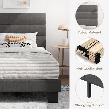 SHA CERLIN Twin Platform Bed Frame with Upholstered Fabric Headboard, Grey