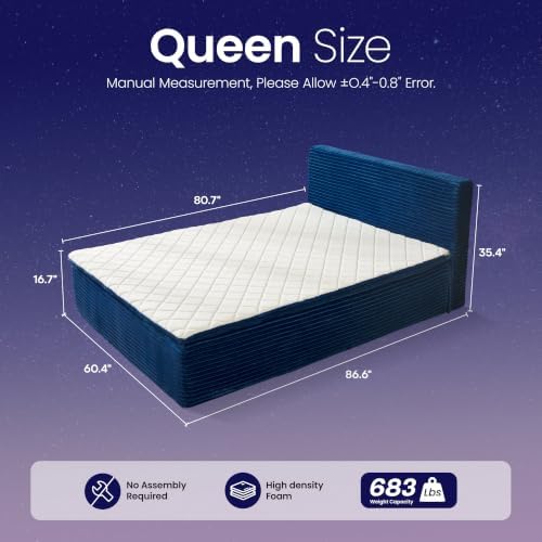 Queen Boneless Bed Frame with Mattress, 16 Inch Memory Foam Mattress with Plush Fabric Upholstered Bed Frame Platform, No Assembly Required,Cool Night & Relieve Pressure with Medium Support, Blue