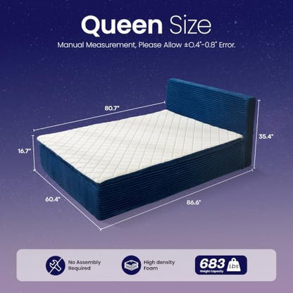 Queen Boneless Bed Frame with Mattress, 16 Inch Memory Foam Mattress with Plush Fabric Upholstered Bed Frame Platform, No Assembly Required,Cool Night & Relieve Pressure with Medium Support, Blue