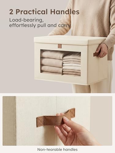 Large Closet Storage Bins - Collapsible Storage Bins with Handles & Window, Decorative Boxes with Lids, Fabric Cubes for Living Room, Dorm, 1 Pack, Beige