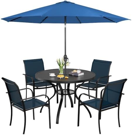 SUNCROWN 6 - Piece Outdoor Dining Set, Patio Furniture Set with 4 Textilene Dinning Chairs, 41" Metal Round Table and 1 Dark Blue 9Ft Patio Umbrella for Lawn Garden Backyard Deck, Blue