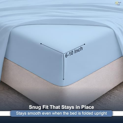 Cottington Lane Sky Blue Sheets for Murphy Bed Mattress, 4 Piece Premium Ultra Soft Brushed Microfiber California King Size Wall Bed Sheet Set, 6-10 Inch Deep Pocket with All-Around Elastic