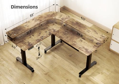 Claiks L Shaped Standing Desk with Drawers, 63 Inch, Rustic Brown