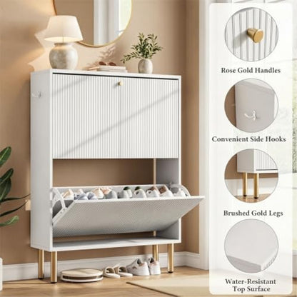 Nicetree Shoe Storage Cabinet for Entryway - 2 Flip Drawers Shoe Cabinet with Tiered Fluted Design - Slim Shoe Storage Rack with Gold Legs - Narrow Shoe Cabinet Hidden Shoe Organizer for Small Spaces