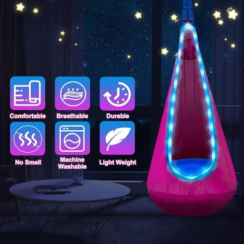 Light Up Kids Pod Swing, Indoor Outdoor Hammock Seat w/ LED Lights,Rose Red