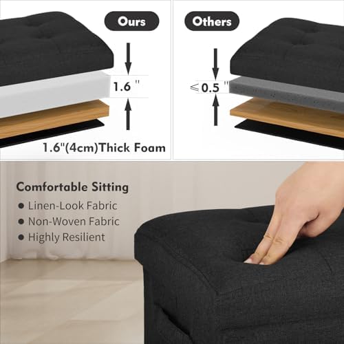 Ottoman with Storage,Linen Ottoman with Side Pocket & Handles, Grey Black