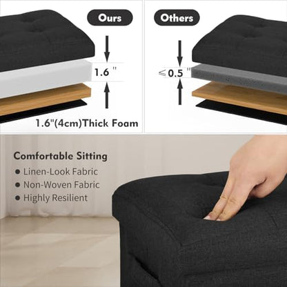 Ottoman with Storage,Linen Ottoman with Side Pocket & Handles, Grey Black