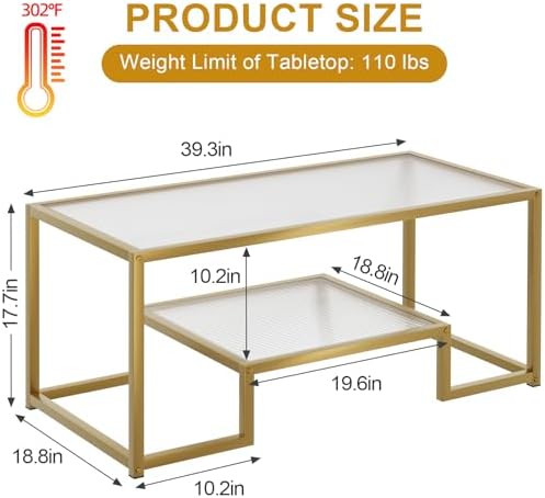 Wolawu Coffee Table Gold Glass Coffee Table for Living Room,2 Tiers Rectangle Center Table with Ribbed Glass Top and Sturdy Metal Frame,Modern Glass Accent Table for Bedroom Home Office