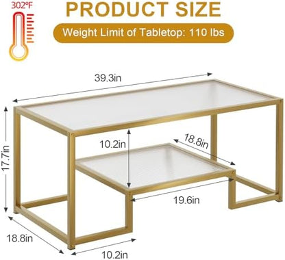 Wolawu Coffee Table Gold Glass Coffee Table for Living Room,2 Tiers Rectangle Center Table with Ribbed Glass Top and Sturdy Metal Frame,Modern Glass Accent Table for Bedroom Home Office