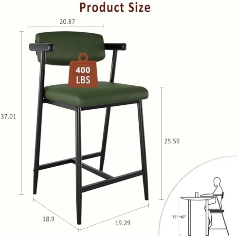 IDEALHOUSE Counter Height Bar Stools Set of 2 with Arms, Upholstered Barstool with Back & Footrest, Soft Wider Seat, Modern Metal Bar Stools Set for Kitchen Island, Bar, Easy Assembly, Rustic Green