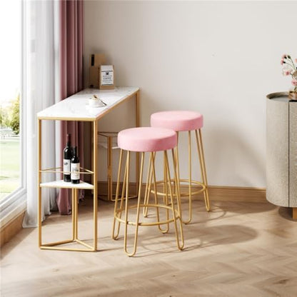 Yaheetech Bar Stools Set of 4, Velvet Counter Stools, Gold Metal Legs, Pink