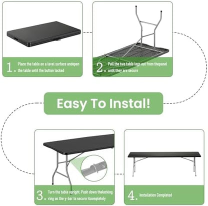 8FT Black Plastic Folding Table, Fold-in-Half with Carry Handle