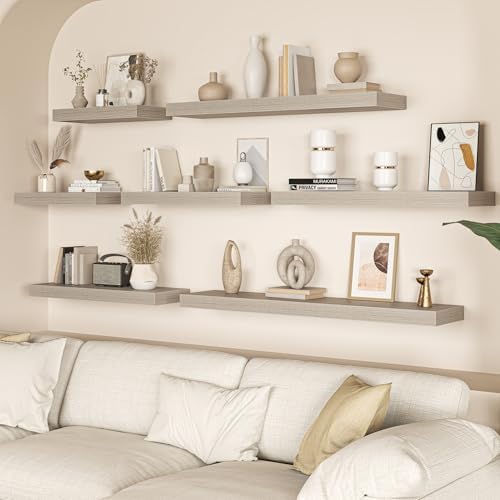 36 Inch Floating Shelves for Wall, 12 Inch Deep Shelves for Bedroom, Kitchen, Bathroom Wall Mounted, Rustic Wood Floating Shelf with Invisible Brackets for Books, Storage, Decor, Gray, 3 Pack