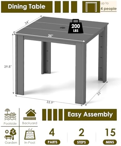 GREENVINES HDPE Outdoor Dining Table w/ Umbrella Hole for 4, Gray