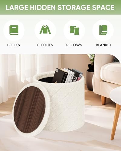 B FSOBEIIALEO Ottoman with Stroage, 17" Round Boucle Ottomans, Cream White