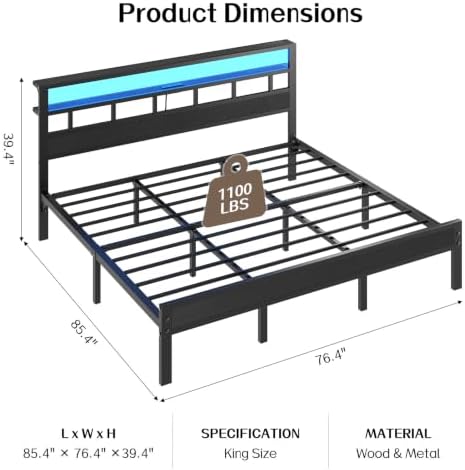 King Size Bed Frame with Charging Station and LED