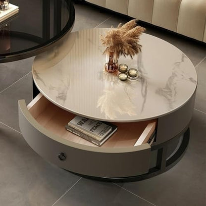 Round Nesting Coffee Table with Storage Drawer Set of 2, Modern Cocktail Table with Faux Marble Top for Living Room Small Space 27" Black/Grey-Pandora