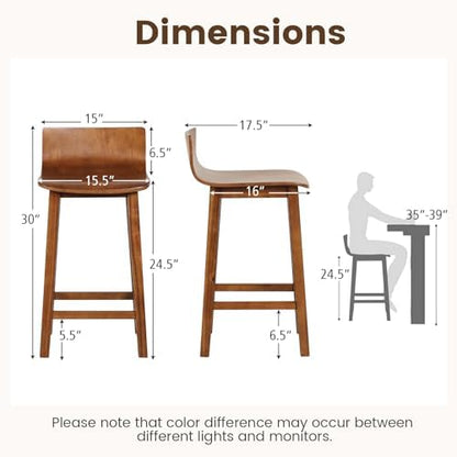 GIANTEX 24.5" Bar Stools Set of 2, Counter Height Bar Stools w/Low Back & Footrest, Farmhouse Wooden Bar Dining Chairs, Armless Wood Barstools for Kitchen Island, Pub, Kitchen, Cafe, Breakfast, Brown