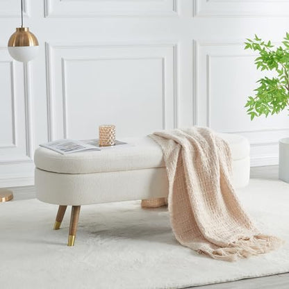 IAFIKE Oval Storage Bench 43.5" Ottoman Bench Upholstered Boucle Fabric Footrest Bench with Golden Metal Legs End of Bed for Bedroom, Living Room, Entryway,Bed Side (Ivory)