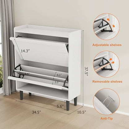 GarveeHome Shoe Cabinet with 2 Flip Drawers, Wooden Shoe Organizer with Adjustable Shelf, Shoe Storage for Entryway, Hidden Shoe Cabinet for Hallway, Living Room, White