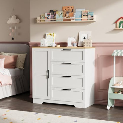 GarveeHome Wood Armoire Wardrobe Closet with 4 Drawers and Door, 43.3 in H Bedroom Wardrobe Cabinet with Hanging Rod, Clothing Storage Cabinets, 4 Drawers Dresser with Storage Closet, White