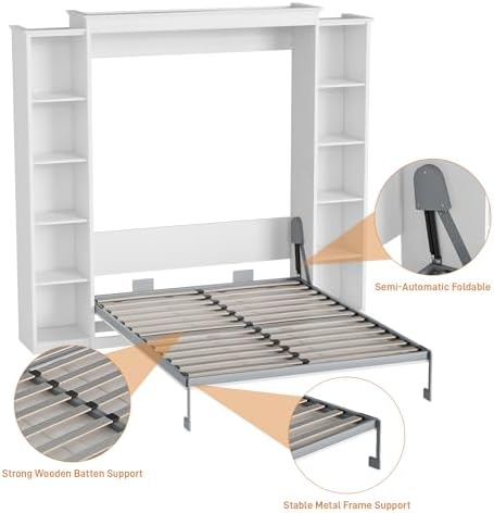 Queen Size Murphy Bed with 2 Storage Cabinet, Farmhouse Wood Hidden Foldable Wall Bed Frame, Space Saving Beds with Shelves, Murphy Bed Queen for Guest Room, Apartment,Office,Bedroom, White