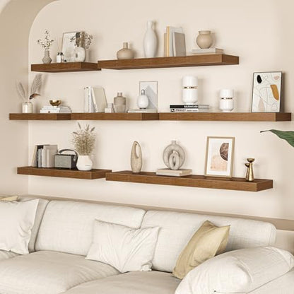 Brown Floating Shelves for Wall, 55 Inch Floating Shelves Set of 2, Wall Mounted Rustic Wood Shelf for Bathroom, Living Room, Bedroom and Kitchen, Hanging Shelf for Storage, Books, Home Decor