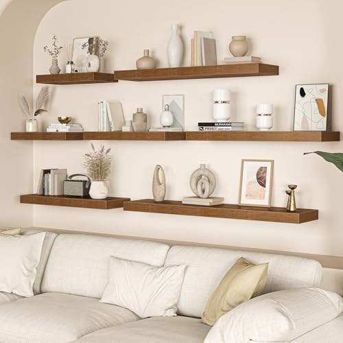 36 Inch Floating Shelves for Wall, 12 Inch Deep Shelves for Bedroom, Kitchen, Bathroom Wall Mounted, Rustic Wood Floating Shelf with Invisible Brackets for Books, Storage, Decor, Brown, 2 Pack