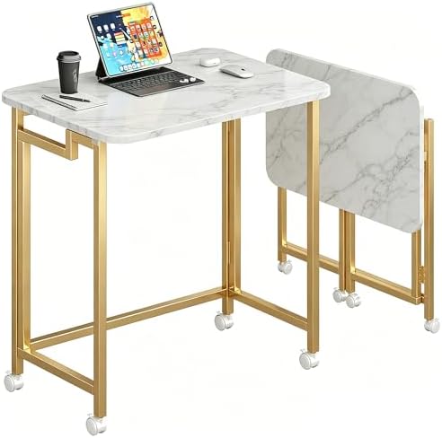 JSB 23.6" Folding Desk for Small Spaces,Mobile Portable Rolling Laptop PC Table on Wheels,Foldable Computer Desk for Home Office,Bedroom,Dorm,Space Saving White&Gold