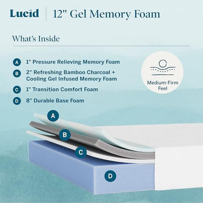 Lucid 12 Inch Gel Memory Foam Mattress, Medium Firm, Cooling, Twin XL Size