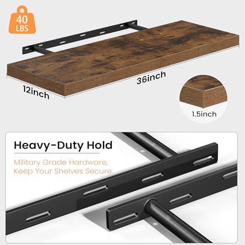 36 Inch Floating Shelves for Wall, 12 Inch Deep Shelves for Bedroom, Kitchen, Bathroom Wall Mounted, Rustic Wood Floating Shelf with Invisible Brackets for Books, Storage, Decor, Brown, 2 Pack