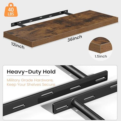 36 Inch Floating Shelves for Wall, 12 Inch Deep Shelves for Bedroom, Kitchen, Bathroom Wall Mounted, Rustic Wood Floating Shelf with Invisible Brackets for Books, Storage, Decor, Brown, 2 Pack