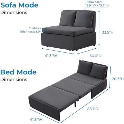 Mjkone 43" W Twin Size Pull Out Sleeper Sofa Bed Chair with Pullout Couch Beds, 2 in 1 Convertible Single Sofas Sleeper Chair with Pillows for Living Room Small Place Apartment Office, Dark Gray