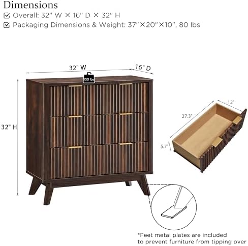T4TREAM 32" Fluted 3 Drawer Dresser for Bedroom, Dark Walnut