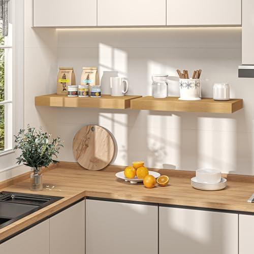 12" Deep Floating Shelves for Wall, 30" Long Oak Finish Wall Shelves, Set of 2, 2" Thick Rustic Storage Shelves with Invisible Brackets for Living Room Bedroom Kitchen