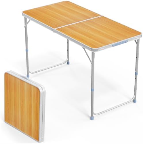 VINGLI 4FT White Folding Table with Carrying Handle Height Adjustable Lightweight Fold Up Portable for Indoor Outdoor Picnic,Camping,Hiking,Fishing,BBQ …
