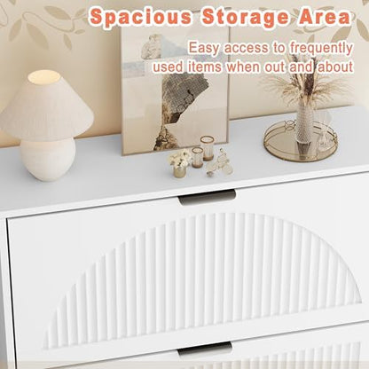 Shoe Storage Cabinet with 2 Flip Drawers, Narrow Wood Shoe Organizer Cabinet with Fluted Panel, Slim Shoe Rack for Entryway, Freestanding Shoe Cabinet for Living Room, Hallway, White