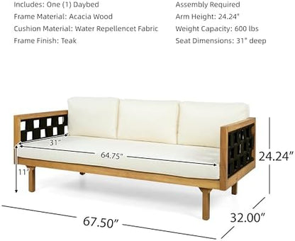 Merax Outdoor 3 Seater Daybed, Acacia Wood Patio Day Bed Couch Sofa with Cushions & Stylish Rope Weave Armrest, 67.5" L Outdoor Seating for Gardern Deck Porch Balcony, Beige