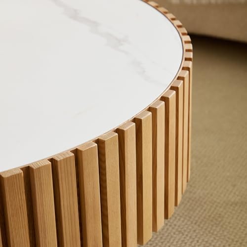 35.43'' Round Coffee Table with Faux Marble Tabletop, Modern Drum Center Coffee Tables Luxury Circle Coffee Table for Bedroom,Apartment,Living Room-Natural