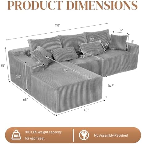 110" L Shaped Cloud Boneless Sectional Couches for Living Room, Modern Comfy Modular Deep Seat Memory Foam Compressed Corduroy Sofa Oversized Left Facing Chaise, No Assembly Required, Grey