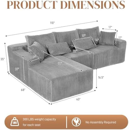 110" L Shaped Cloud Boneless Sectional Couches for Living Room, Modern Comfy Modular Deep Seat Memory Foam Compressed Corduroy Sofa Oversized Left Facing Chaise, No Assembly Required, Grey